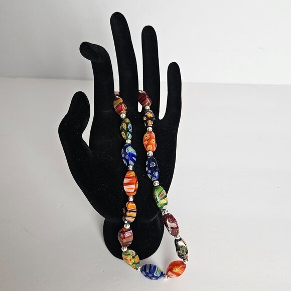 Millefiori Style Art Glass Bead Necklace Venetian Style Murano Inspired 14-16" - Picture 7 of 11